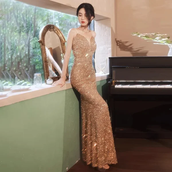 Golden Temperament Lady Sequined Sling Fishtail Skirt Sexy Catwalk Wedding Dress - Image 2