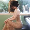 Golden Temperament Lady Sequined Sling Fishtail Skirt Sexy Catwalk Wedding Dress