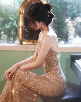 Golden Temperament Lady Sequined Sling Fishtail Skirt Sexy Catwalk Wedding Dress