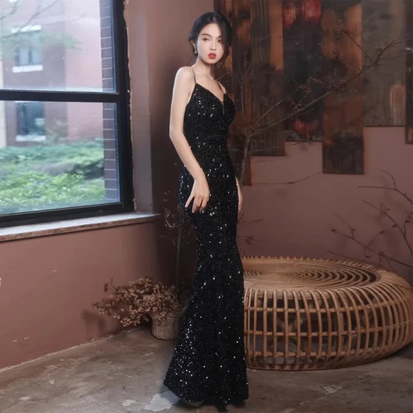 Golden Temperament Lady Sequined Sling Fishtail Skirt Sexy Catwalk Wedding Dress - Image 3