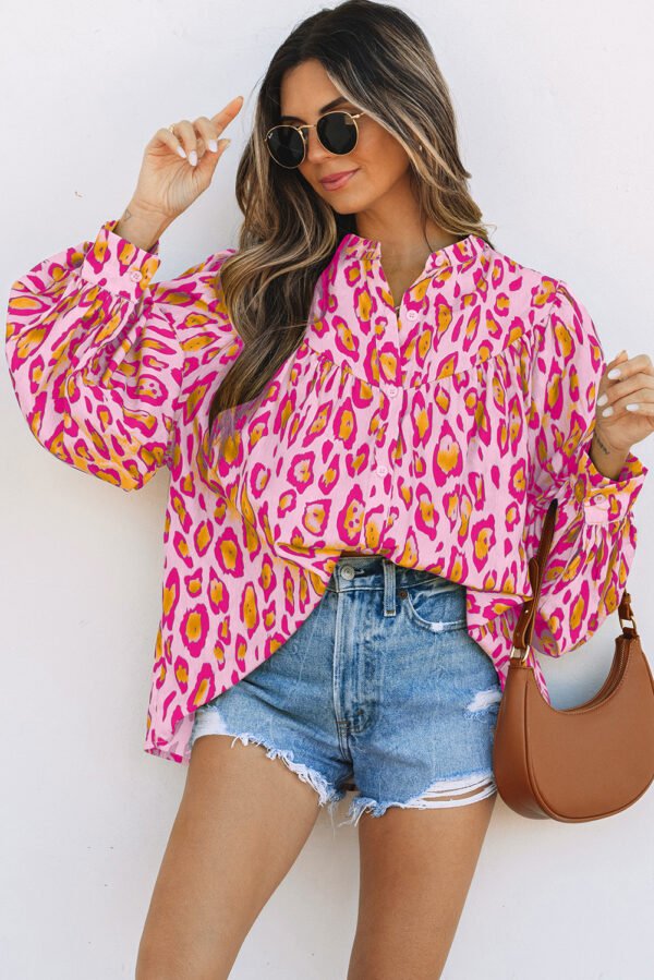 Light French Beige Oversized Leopard Print Balloon Sleeve Casual Shirt - Image 19