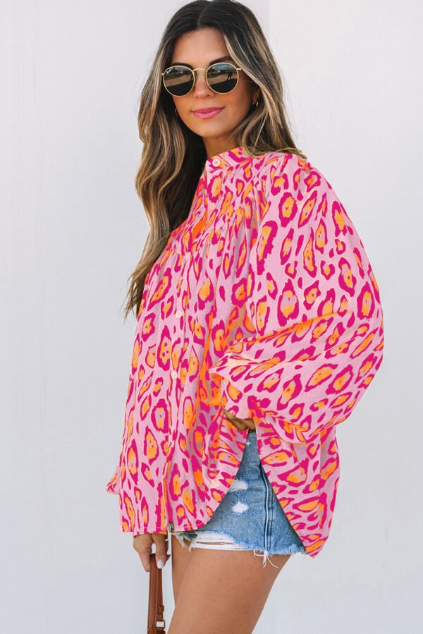 Light French Beige Oversized Leopard Print Balloon Sleeve Casual Shirt - Image 18