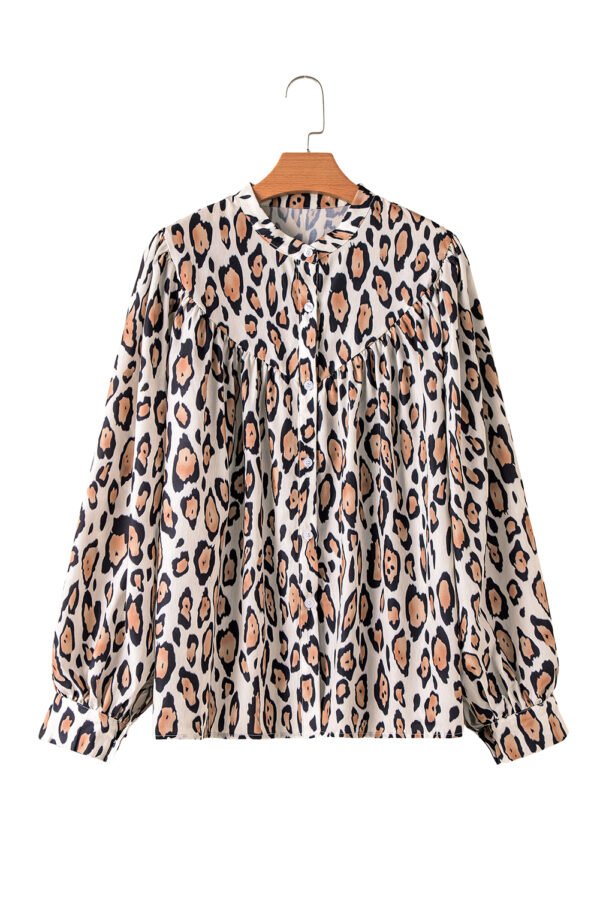 Light French Beige Oversized Leopard Print Balloon Sleeve Casual Shirt - Image 12