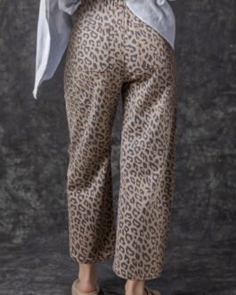 Khaki Leopard Printed Drawstring Waist Pocketed Wide Leg Jeans