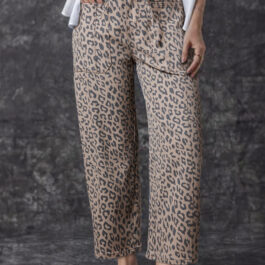Khaki Leopard Printed Drawstring Waist Pocketed Wide Leg Jeans