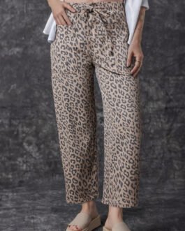 Khaki Leopard Printed Drawstring Waist Pocketed Wide Leg Jeans
