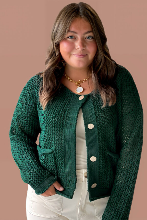 Blackish Green Plus Size Golden Accent Buttons Short Sweater Cardigan