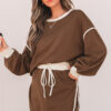 Coffee Color Contrast Loose Pullover and Lace-up Waist Skort Set