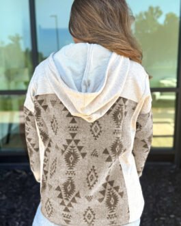 Gray Western Aztec Print Color Block Patchwork Drawstring Hooded Shacket