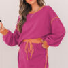 Rose Red Color Contrast Loose Pullover and Lace-up Waist Skort Set