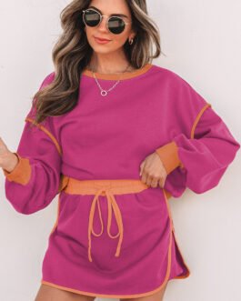 Rose Red Color Contrast Loose Pullover and Lace-up Waist Skort Set