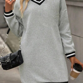 Light Grey Striped Trim V Neck Long Sleeve Preppy T Shirt Dress