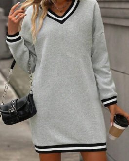 Light Grey Striped Trim V Neck Long Sleeve Preppy T Shirt Dress