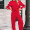 Fiery Red Varsity Striped Detail Crewneck Pullover Elastic Sweatpants 2pcs Outfit