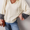 Beige Floral Patchwork Textured Knit Drawstring V Neck Blouse