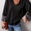 Black Floral Patchwork Textured Knit Drawstring V Neck Blouse