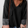 Black Floral Patchwork Textured Knit Drawstring V Neck Blouse