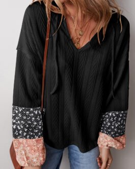 Black Floral Patchwork Textured Knit Drawstring V Neck Blouse