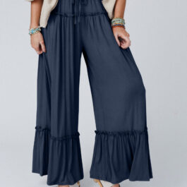 Navy Blue Frilled Drawstring High Waist Wide Leg Pants