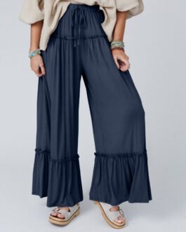 Navy Blue Frilled Drawstring High Waist Wide Leg Pants