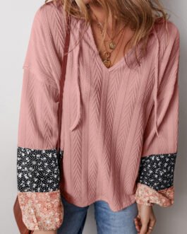Dusty Pink Floral Patchwork Textured Knit Drawstring V Neck Blouse