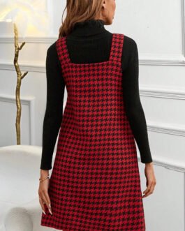 Red Houndstooth Print V Neck Sleeveless Mini Dress