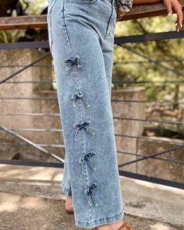 Beau Blue Bow Knot Side Detail Straight Leg Loose Jeans