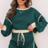 Evergreen Color Contrast Loose Pullover and Lace-up Waist Skort Set