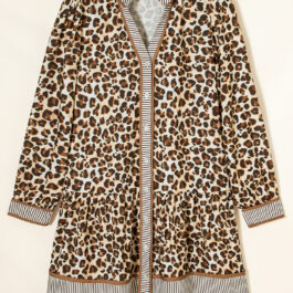 Brown Leopard Print Striped Patchwork 3/4 Sleeve Loose Mini Dress