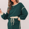 Evergreen Color Contrast Loose Pullover and Lace-up Waist Skort Set