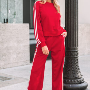 Fiery Red Varsity Striped Detail Crewneck Pullover Elastic Sweatpants 2pcs Outfit