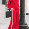 Fiery Red Varsity Striped Detail Crewneck Pullover Elastic Sweatpants 2pcs Outfit