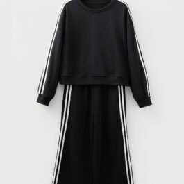 Black Varsity Striped Detail Crewneck Pullover Elastic Sweatpants 2pcs Outfit