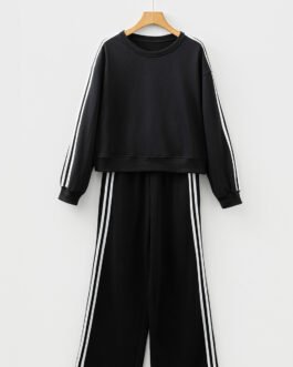 Black Varsity Striped Detail Crewneck Pullover Elastic Sweatpants 2pcs Outfit