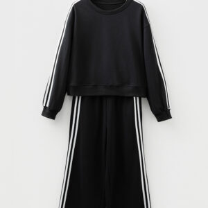 91678469-5ff9ad0ea1d71cb0.jpg Black Varsity Striped Detail Crewneck Pullover Elastic Sweatpants 2pcs Outfit