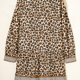 Brown Leopard Print Striped Patchwork 3/4 Sleeve Loose Mini Dress