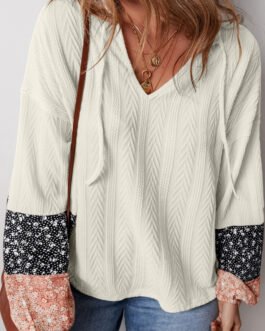 White Floral Patchwork Textured Knit Drawstring V Neck Blouse