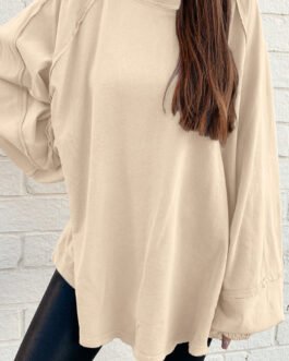 Beige Solid Color Raw Seam Patchwork Baggy Sweatshirt
