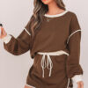 Coffee Color Contrast Loose Pullover and Lace-up Waist Skort Set