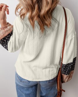 White Floral Patchwork Textured Knit Drawstring V Neck Blouse