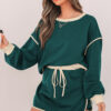 Evergreen Color Contrast Loose Pullover and Lace-up Waist Skort Set