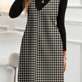 Khaki Houndstooth Print V Neck Sleeveless Mini Dress