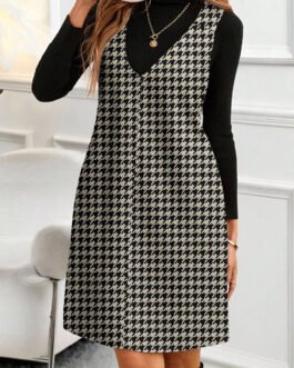 Khaki Houndstooth Print V Neck Sleeveless Mini Dress