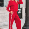 Fiery Red Varsity Striped Detail Crewneck Pullover Elastic Sweatpants 2pcs Outfit