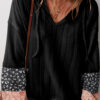 Black Floral Patchwork Textured Knit Drawstring V Neck Blouse