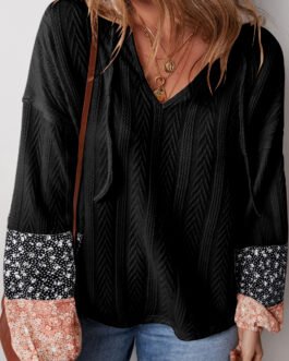 Black Floral Patchwork Textured Knit Drawstring V Neck Blouse