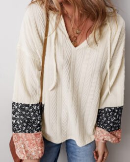 Beige Floral Patchwork Textured Knit Drawstring V Neck Blouse