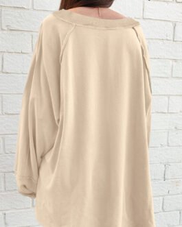 Beige Solid Color Raw Seam Patchwork Baggy Sweatshirt