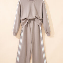 Gray Morn Varsity Striped Detail Crewneck Pullover Elastic Sweatpants 2pcs Outfit