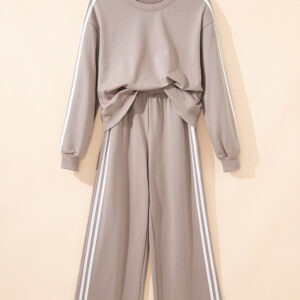 Gray Morn Varsity Striped Detail Crewneck Pullover Elastic Sweatpants 2pcs Outfit